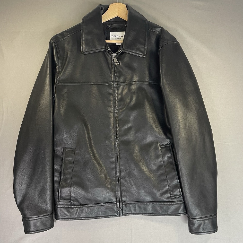 Cole Haan Leather Bomber Jacket Mens Extra Small Black Full Zip Lined Insulated